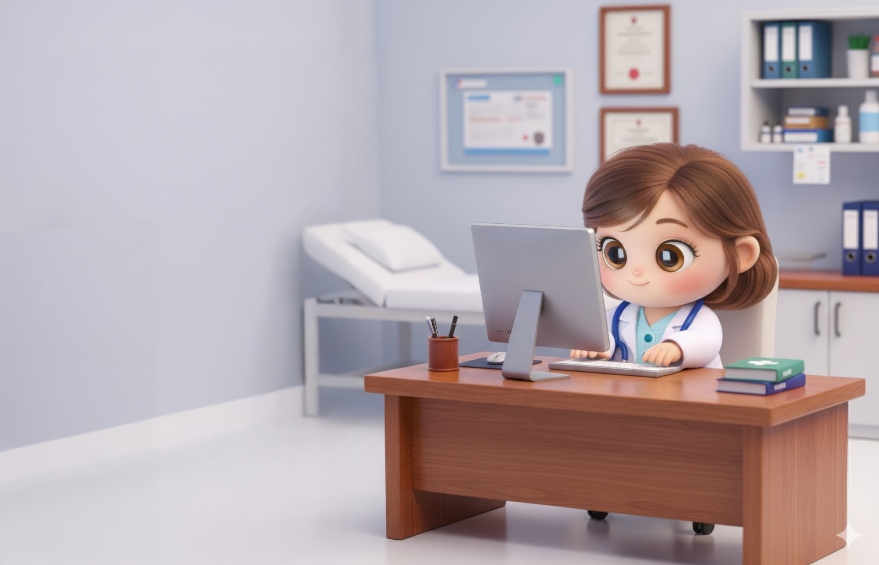 Márcia no consultório — Ambiente profissional de atendimento